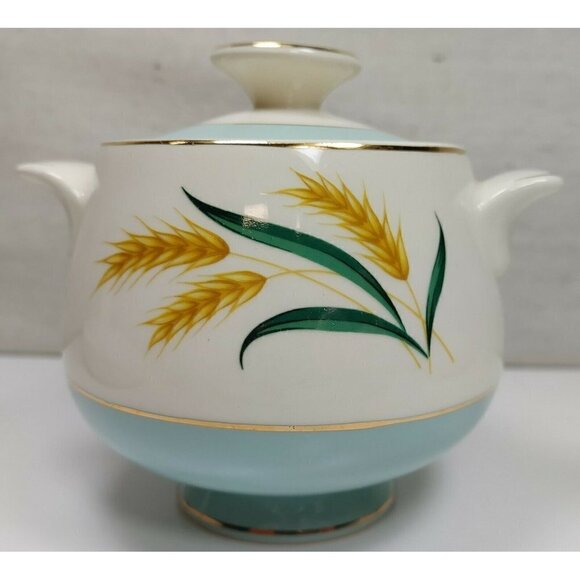 Vintage Blue Viking Wheat Gold Trim Ceramic Sugar Bowl Candle Holder With Lid - Picture 6 of 9